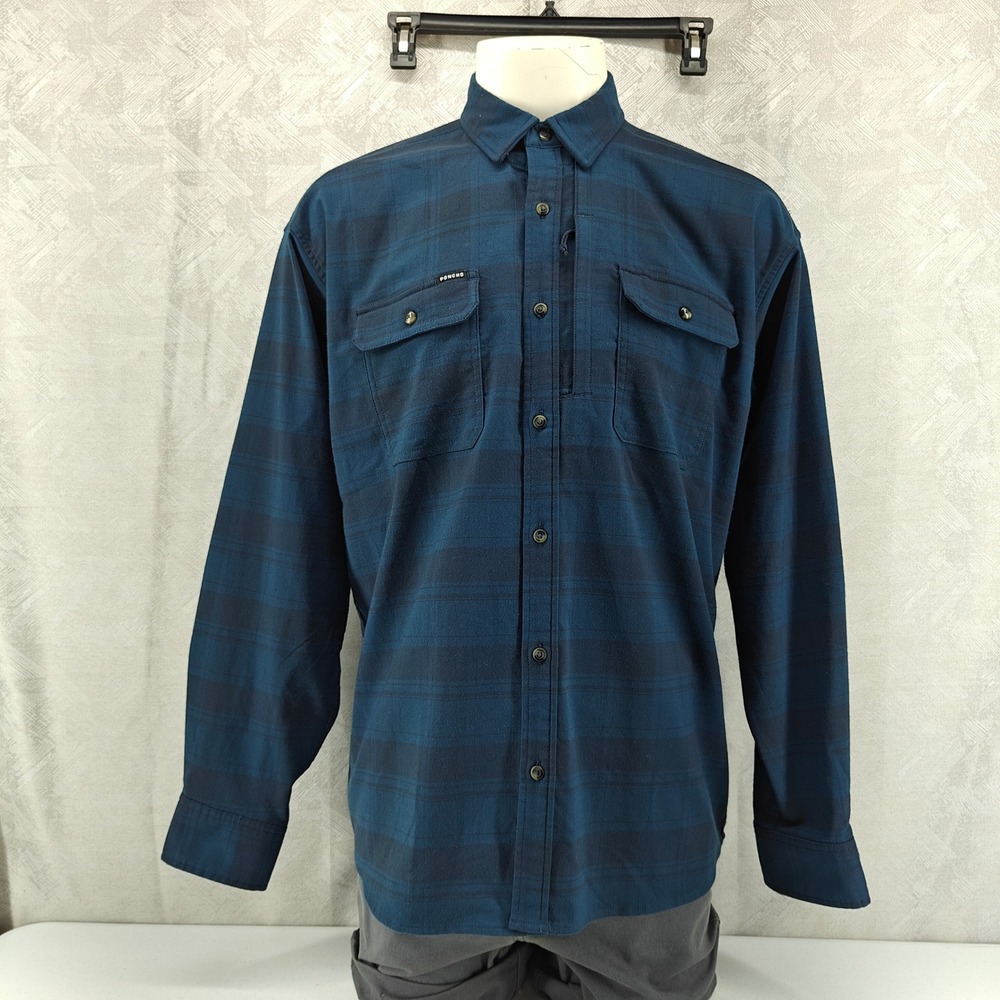 Poncho Flannel Shirt Mens L Blue Plaid Magnetic Pockets Regular Fit Outdoors